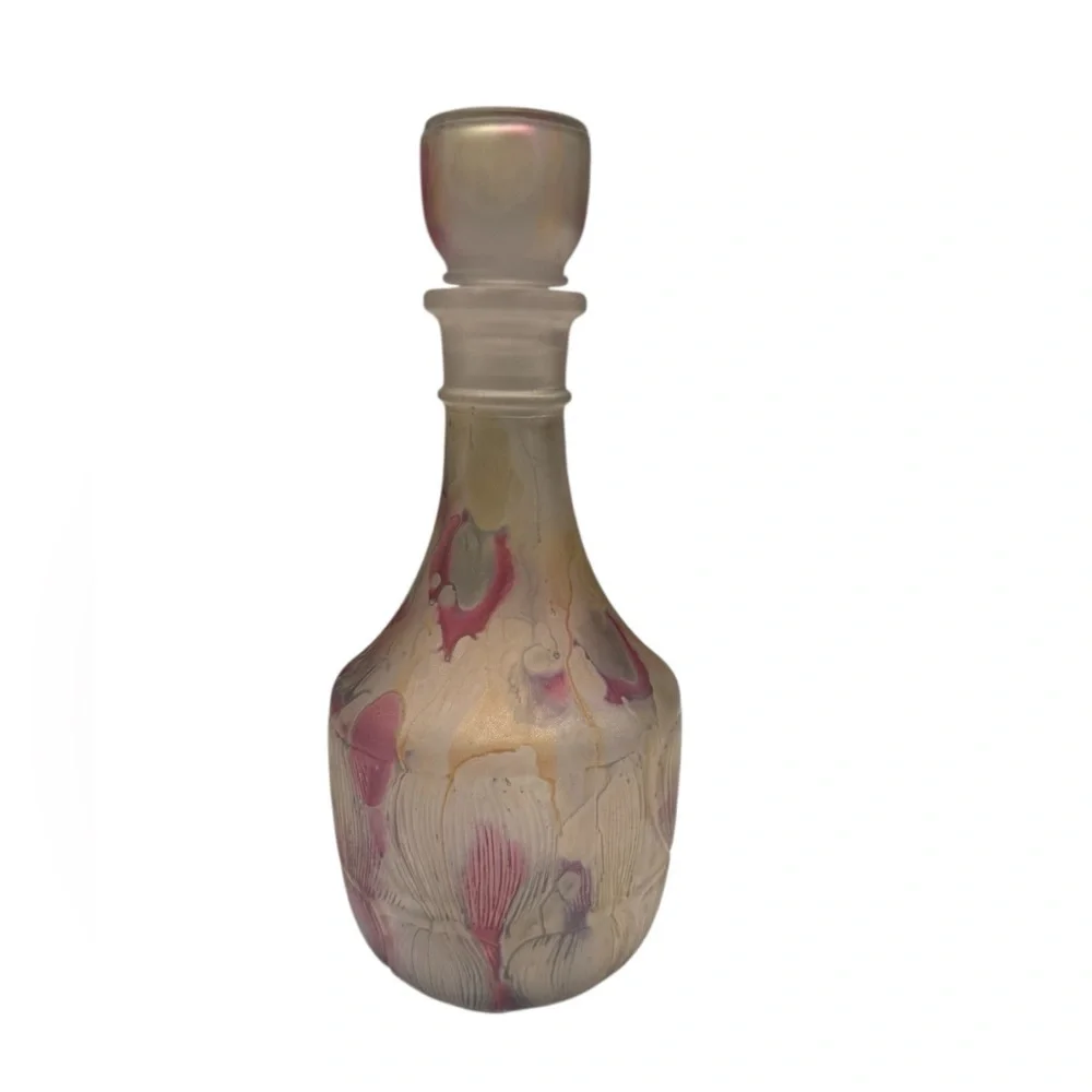Nouveau Art Glass Wine Decanter Multi-Color Hand Painted Abstract Design France